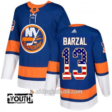 Barn Ishockey New York Islanders Tröja Mathew Barzal 13 Adidas 2017-2018 Blå USA Flag Fashion Authentic